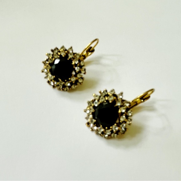 Boho Ethnic Jet Black Crystal Rhinestones Flower Drop Lever Back Earrings - NWT - Picture 5 of 11